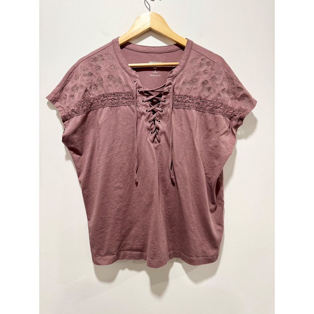 Heritage by Torrid Mauve Purple Lace Up Floral Embroidered Knit Top Size 0 L XL